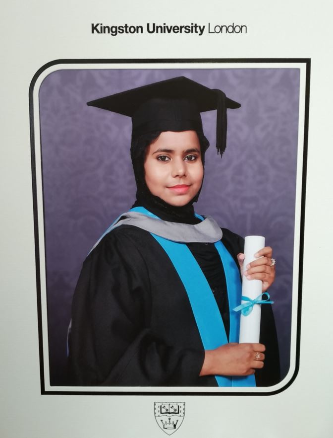 Ayesha Khatoon has gained a First in her BA (Hons) Business Management